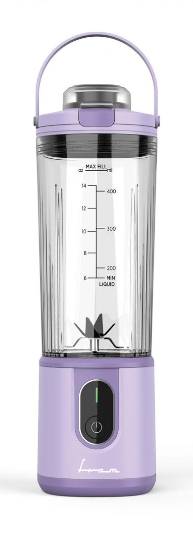 Blender portabil Fram FBP-P74PP, 10-15 minute autonomie, lame inox, mov, 400 ml, 110 W