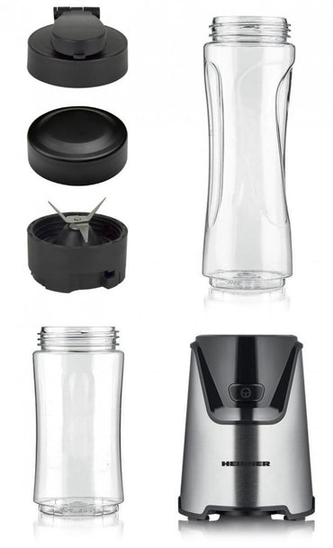 Blender sport Heinner WellGo Mix 400 HSB-T400SS, 400W, recipiente Tritan fara BPA 600/400ML, buton ON/OFF, 19000RPM, lame din inox, carcasa din inox, argintiu/negru