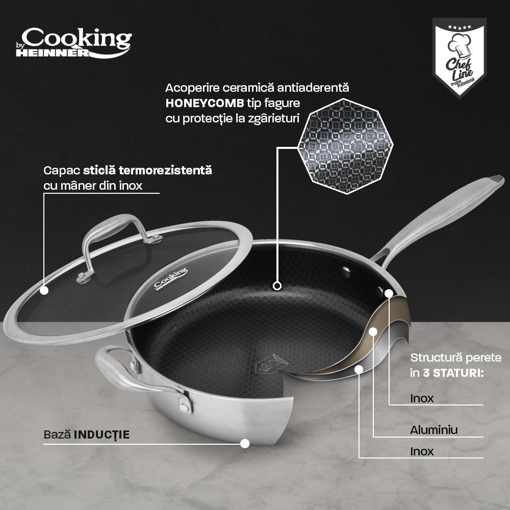 Tigaie adanca cu capac sticla Cooking by Heinner Titanium, 3 straturi, inox, 28 x 7.5 cm, 4.2 L