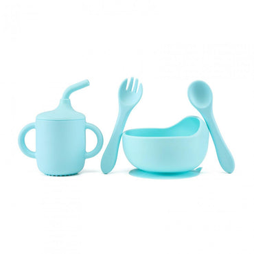 Set 4 Piese Diversificare Din Silicon: Cana Cu Pai, Bol , Lingurita Si Furculita, Blue, U-Grow