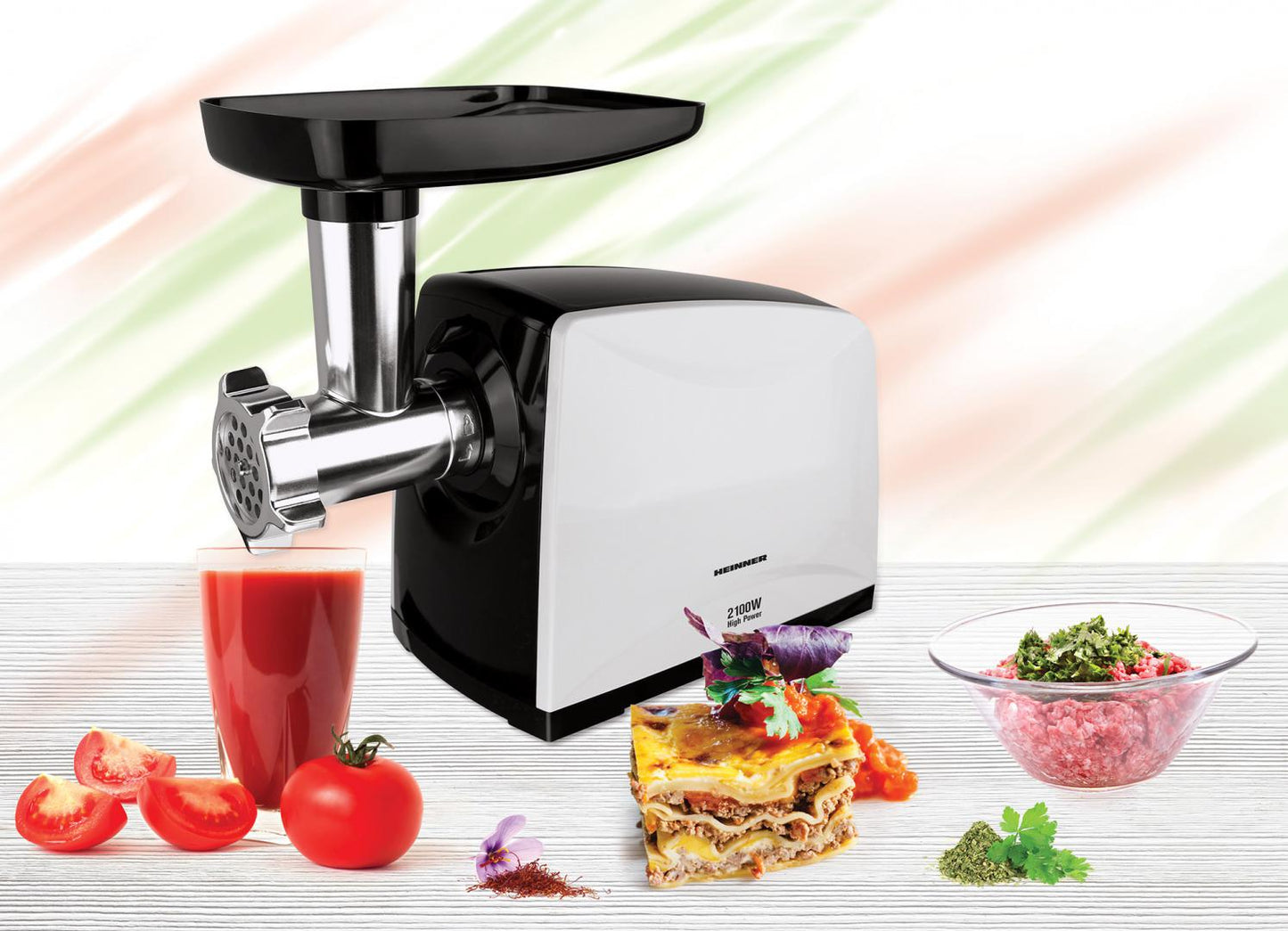 Masina de tocat carne Heinner MG-2100BKWH, 2100 W, accesoriu rosii, Cutit Inox, Negru/Alb