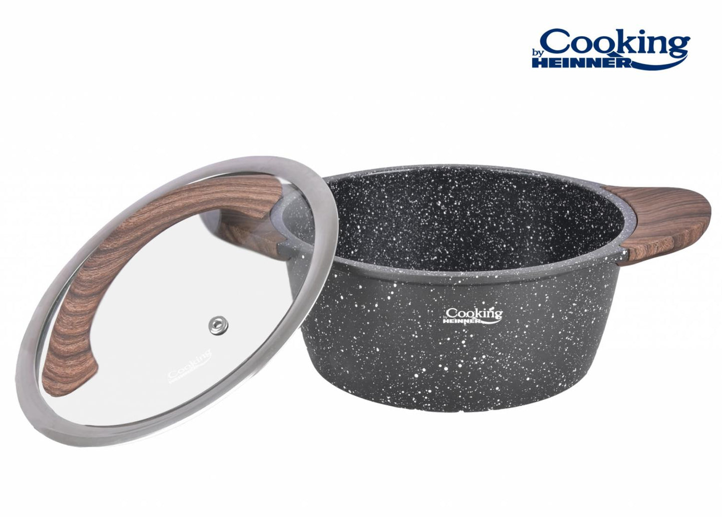 Set pentru gatit cu 6 piese Cooking by Heinner, aluminiu turnat, interior ceramic cu aspect marmorat, capace din sticla