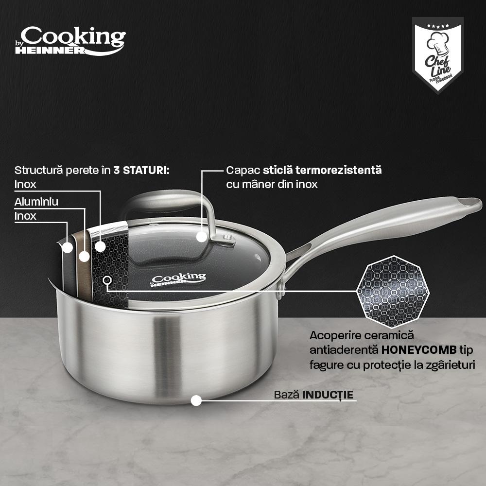 Cratita cu capac sticla Cooking by Heinner Titanium, 3 straturi, inox, 16 x 8.5 cm, 1.6 L