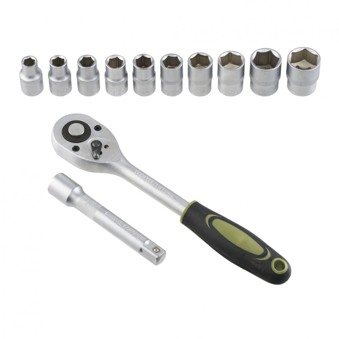 Set 12 piese Heinner CR-V, 1/2", 10 chei tubulare 10-24 mm dimensiune, cheie cu clichet reversibila 1/2", bara de extensie