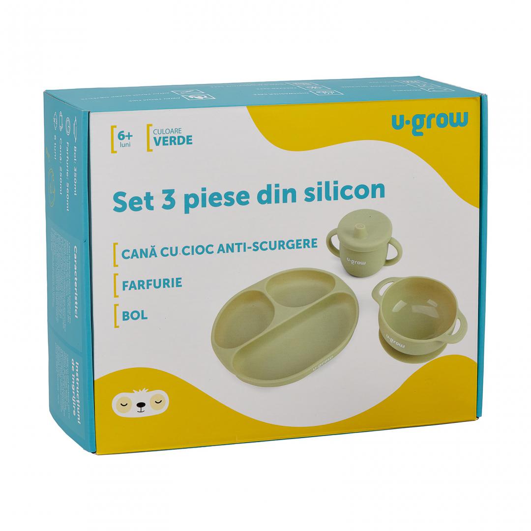 Set Diversificare 3 Piese Silicon : Bol , Farfurie Si Cana Cu Cioc, Olive, U-Grow
