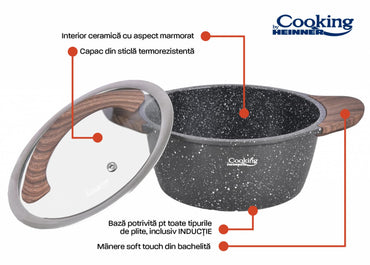 Set pentru gatit cu 6 piese Cooking by Heinner, aluminiu turnat, interior ceramic cu aspect marmorat, capace din sticla