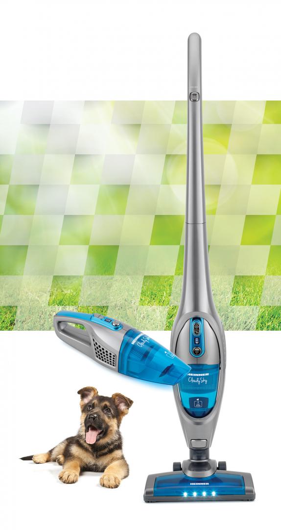 Aspirator vertical Heinner CloudySky HSVC-V21.6GR, sistem de filtrare ciclonic, dubla utilizare: aspirator vertical sau de mana, acumulator Li 22.2V, 110W, 2 viteze, putere aspirare max 8kPa, 0.5L, perie cu lumini LED, albastru/gri