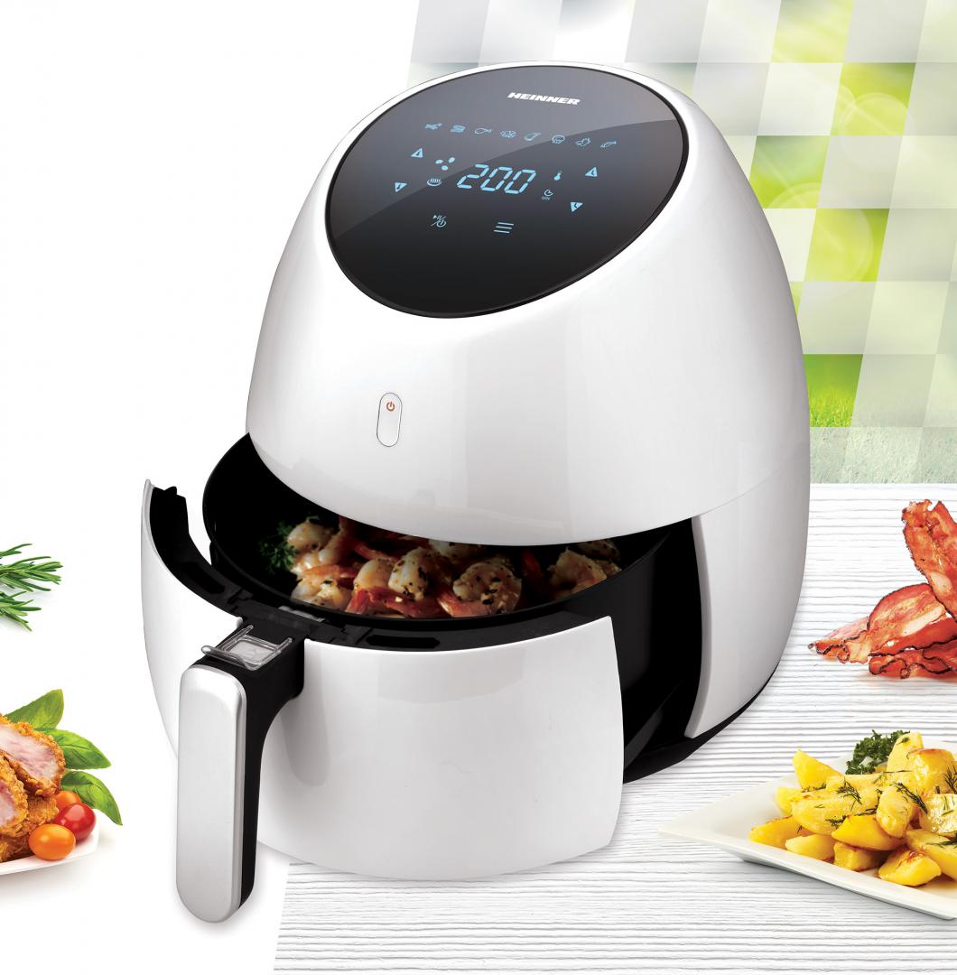 Friteuza cu aer cald Heinner Airfryer SnowDrop HAF-B2000WH, gatire fara ulei, 2000W, vas detasabil anti-adeziv, capacitate cos: 5L, afisaj digital, termostat reglabil: 80-200˚C, timer max. 60 min, Alb