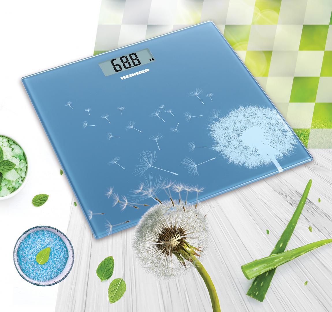 Cantar de baie Heinner HBS-BL150, sticla securizata 5mm, 150kg, display lcd, gradare: 100g, pornire/oprire automata, baterii: 1 x cr2032 (inclusa), design compact ultra slim, bleu