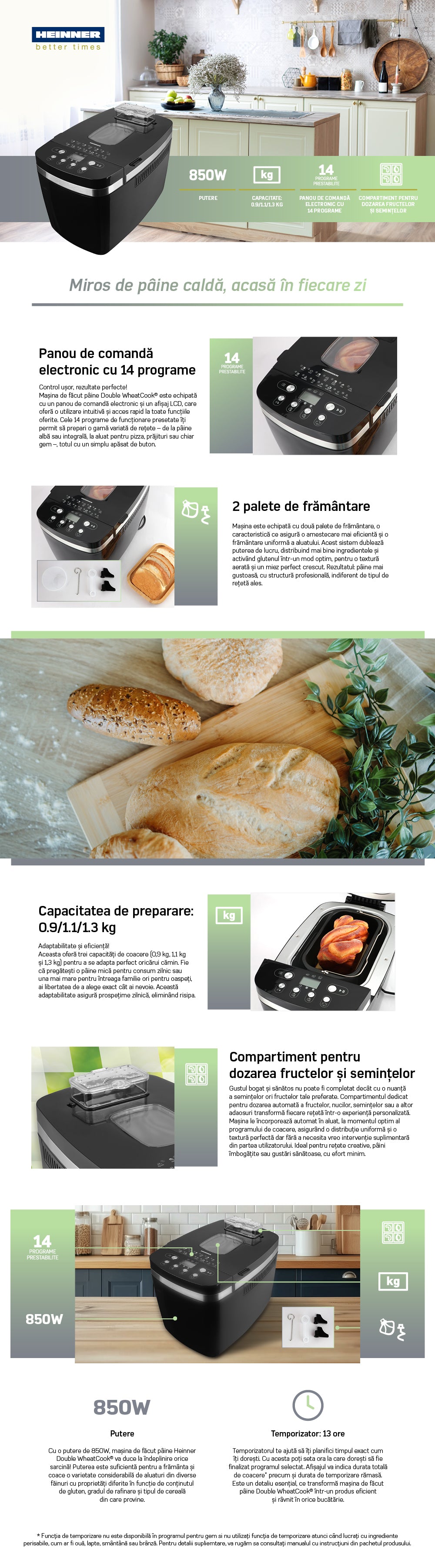 Masina de paine Heinner HBM-D850BK2P, 850W, Capacitate 900-1300g, 14 programe, Negru