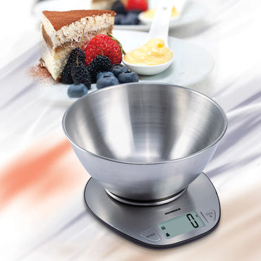 Cantar de bucatarie cu bol Heinner HKS-5SS, bol 5kg, full inox, functie tara, functie cantarire lichide, 1g, display lcd, Inox