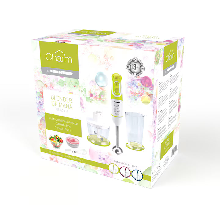 Mixer vertical Heinner Charm, 600W, 5 viteze, functie Turbo, tel, tocator, Alb/Verde Hb-600Gr