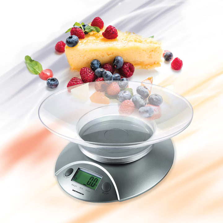 Cantar de bucatarie cu Bol Heinner HKS-5SL, 5 Kg, Tara, functie cantarire lichide, 1 g, display lcd, Argintiu