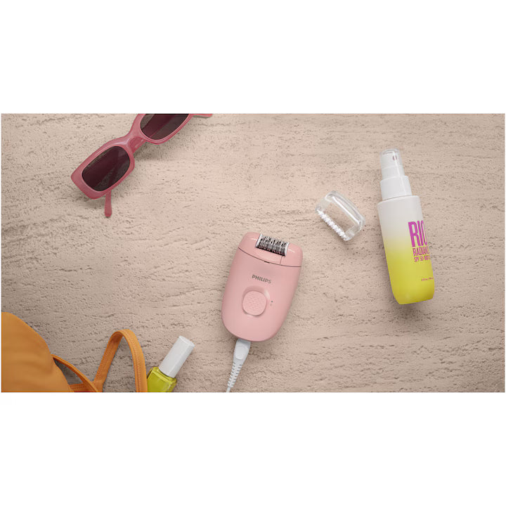 Epilator Philips Seria 2000 BRE227/00, 1 setare de viteza, cap de epilare lavabil, 1 accesoriu pentru corp si picioare, Roz