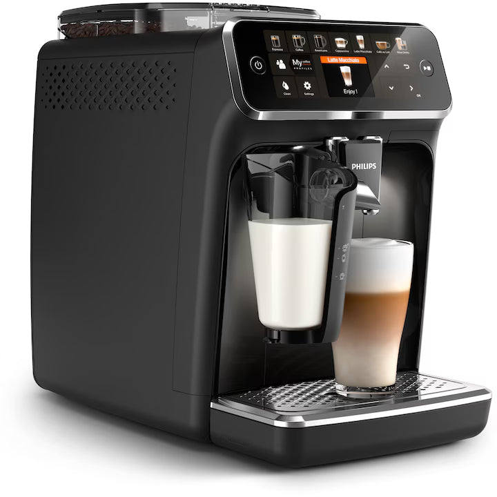 Espressor automat Philips EP5441/50 seria 5400, solutie de lapte LatteGo, 12 tipuri de bauturi, ecran tactil, rasnita ceramica, functie QuickStart, preparare silentioasa, jet suplimentar, 12 setari macinare, 4 profiluri de utilizator, negru