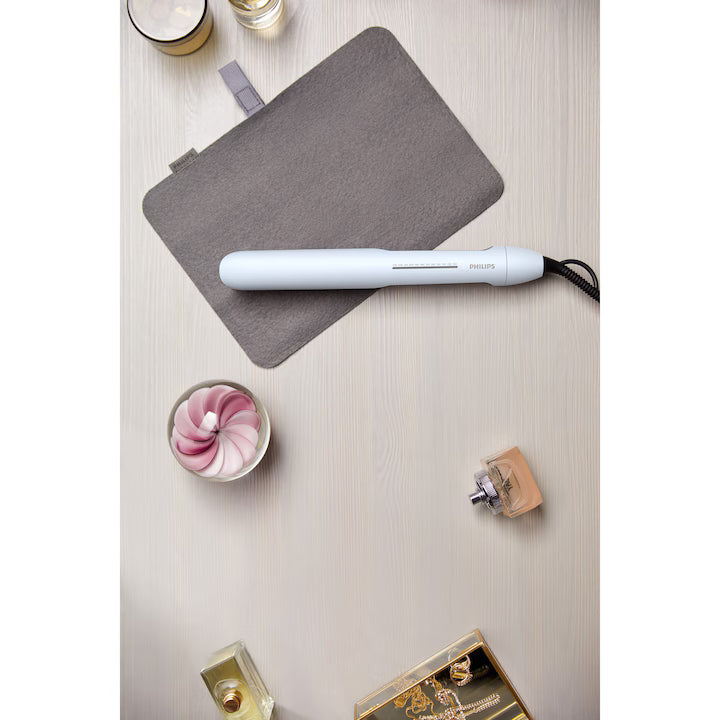 Placa de indreptat parul Philips Prestige BHS520/00, tehnologie ThermoShield, placi infuzate cu ulei de argan, 230°C, ingrijire ioni, 12 setari temperatura, husa termorezistenta, Albastru deschis