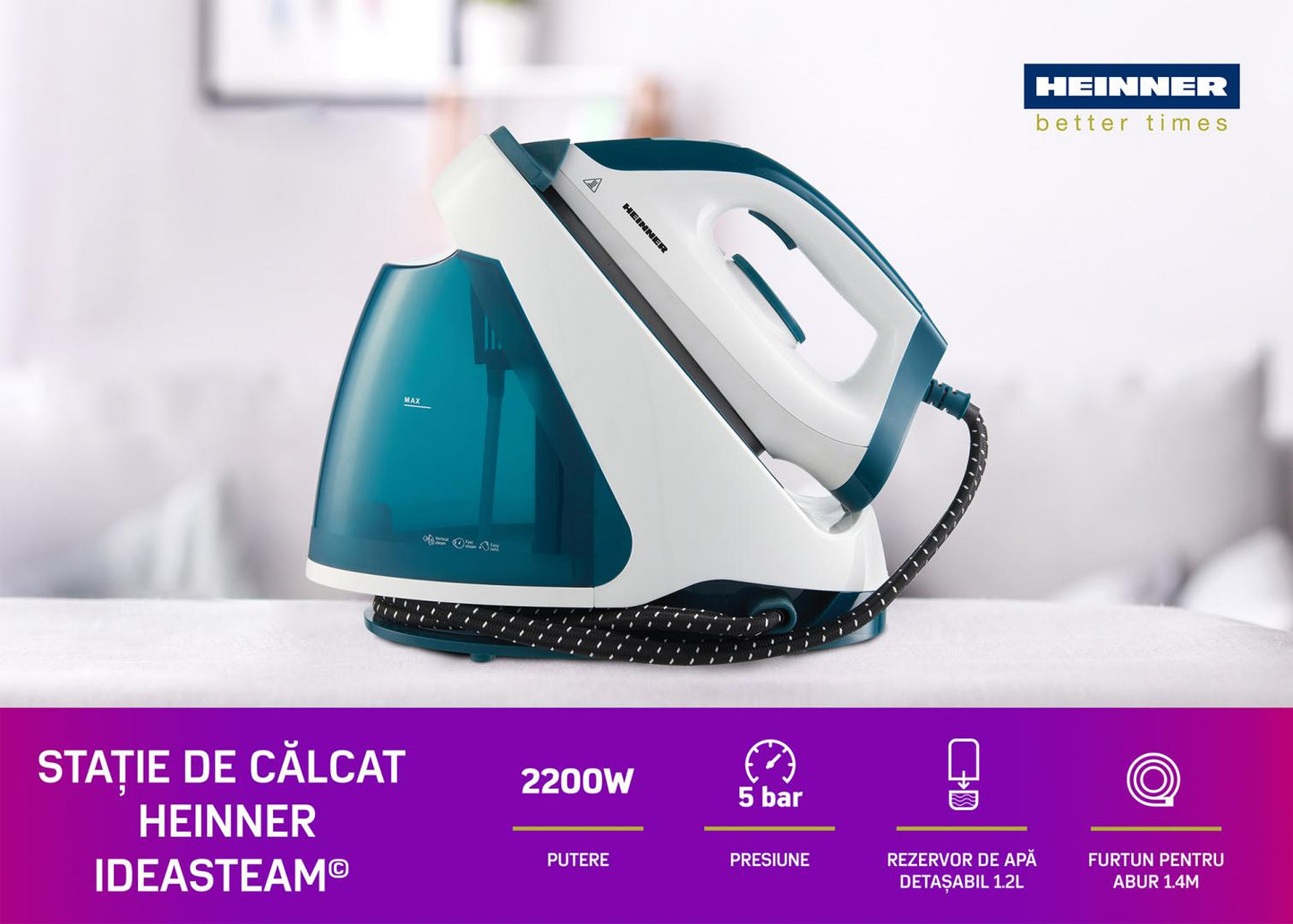 Statie de calcat HEINNER IdeaSteam HIS-D2005WB, 2200W, 5 BAR, Rezervor 1.2L, Debit abur 50±10 g/min, Alb/Albastru