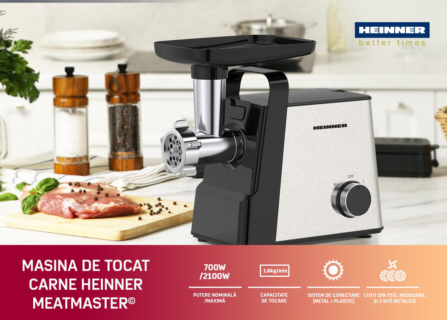 Masina de tocat HEINNER HMG-2100SS3, 2100 W, 2 viteze, 3 site metalice, Accesoriu rosii, kibbe si carnati, Cutite Inox, Functie Reverse Negru/Inox