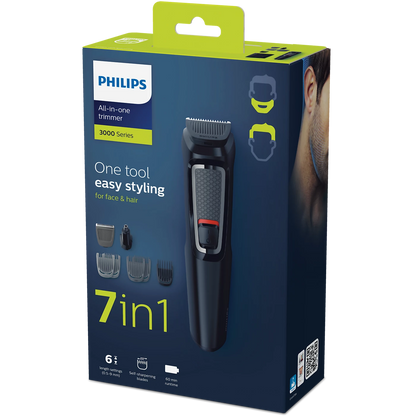 Aparat de tuns barba si parul 7 in 1 PHILIPS Multigroom MG3720/15, Lame cu ascutire, acumulator, 2 piepteni aspect nebarbierit, 2 piepteni barba, 1 pieptene par, Negru