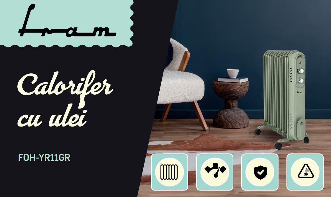 Calorifer electric cu ulei Fram FOH-YR11GR, 11 elementi, 2500 W, 3 setari de temperatura, Termostat ajustabil, Protectie supraincalzire, Verde