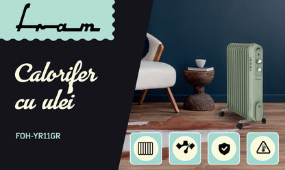 Calorifer electric cu ulei Fram FOH-YR11GR, 11 elementi, 2500 W, 3 setari de temperatura, Termostat ajustabil, Protectie supraincalzire, Verde