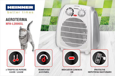Aeroterma Heinner HFH-L2000SL, 2000 W, 2 trepte de putere, termostat reglabil, Alb