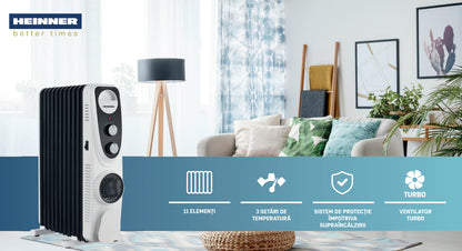 Calorifer electric cu ulei Heinner HOH-MVT11WH-BK, 2300 W, 11 elementi, Ventilator turbo, 3 setari de temperatura, Termostat ajustabil, Protectie supraincalzire, Alb/Negru