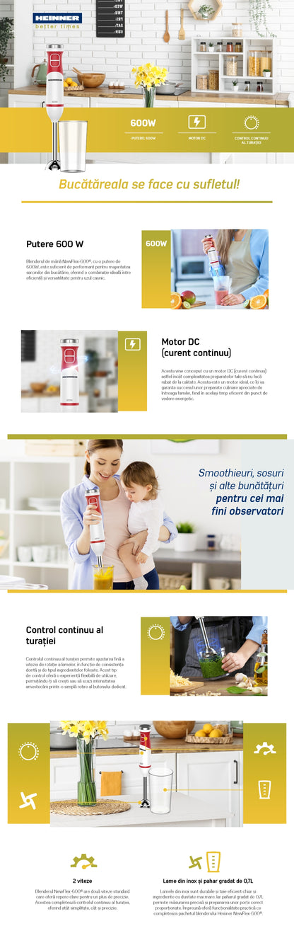 Blender de mana HEINNER HHB-D600WHR, 600 W, 2 viteze, Lame Inox, Cana mixat 0.7 l Alb/Rosu