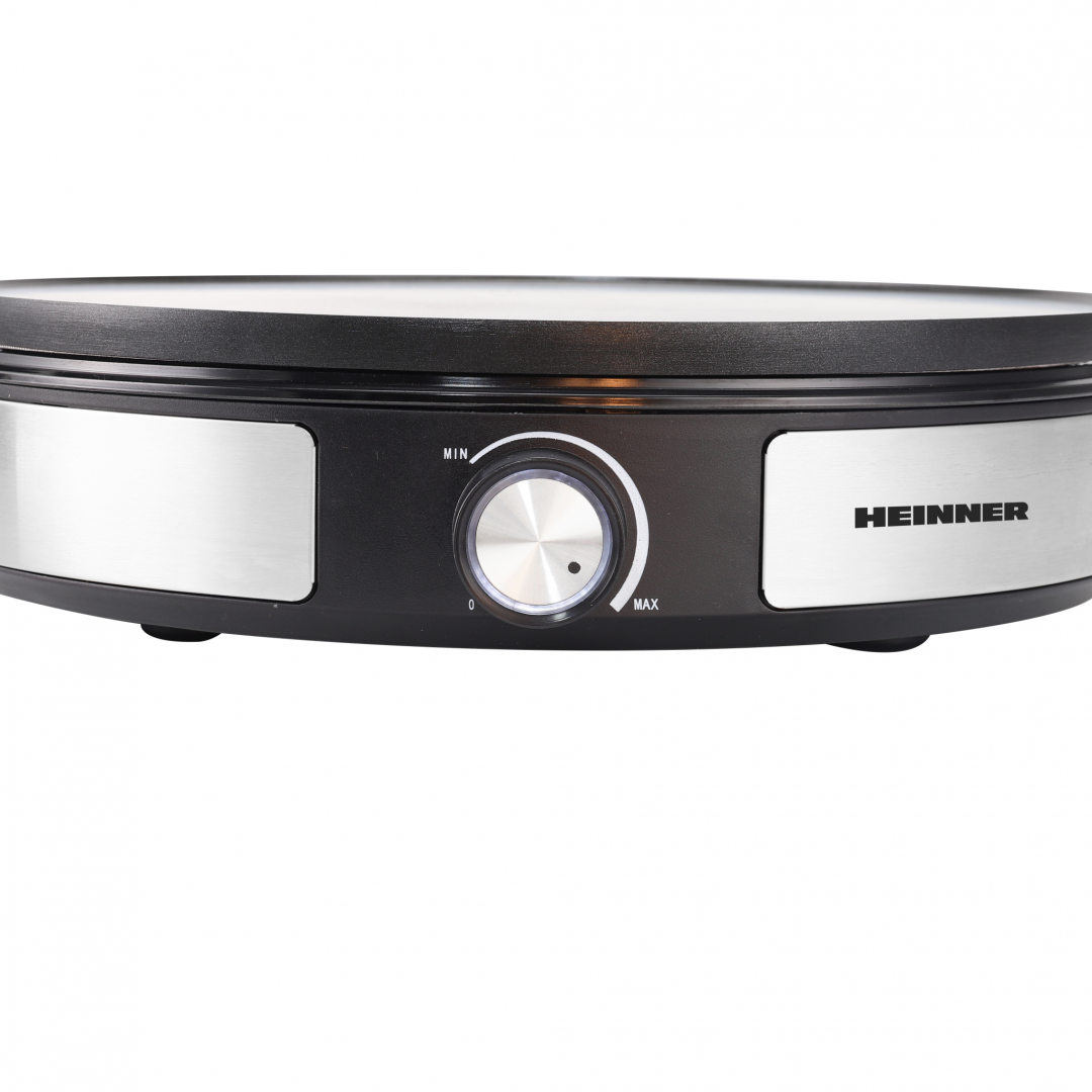 Aparat de facut clatite 2 in 1 HEINNER HCPM-F15RVSS, 1500 W, Placa reversibila 33cm, Invelist antiaderent, Control temperatura Inox/Negru