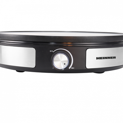 Aparat de facut clatite 2 in 1 HEINNER HCPM-F15RVSS, 1500 W, Placa reversibila 33cm, Invelist antiaderent, Control temperatura Inox/Negru