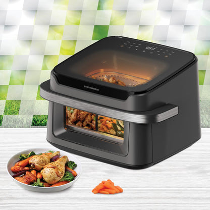 Friteuza dubla cu aer cald HEINNER AirBake Revolution HAF-C10DB22GREY, 10 l, 2200 W, 12 programe, Timer, 2 ferestre, Lumina interioara automata, Termostat 80-200 C Gri