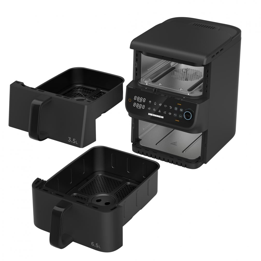 Friteuza dubla cu aer cald HEINNER InnovaCook HAF-C10DBS25BK, 10L 3.5L+6.5L, 2500 W 1000+1500, Timer, 10 programe, Oprire automata Negru