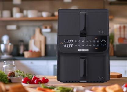 Friteuza dubla cu aer cald HEINNER InnovaCook HAF-C10DBS25BK, 10L 3.5L+6.5L, 2500 W 1000+1500, Timer, 10 programe, Oprire automata Negru