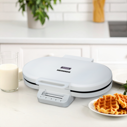 Aparat de gofre HEINNER HWF-F14002WH, 1400 W, 2 gofre/vafe, Placi cu invelis antiaderent, Diametru 15.5 cm Alb