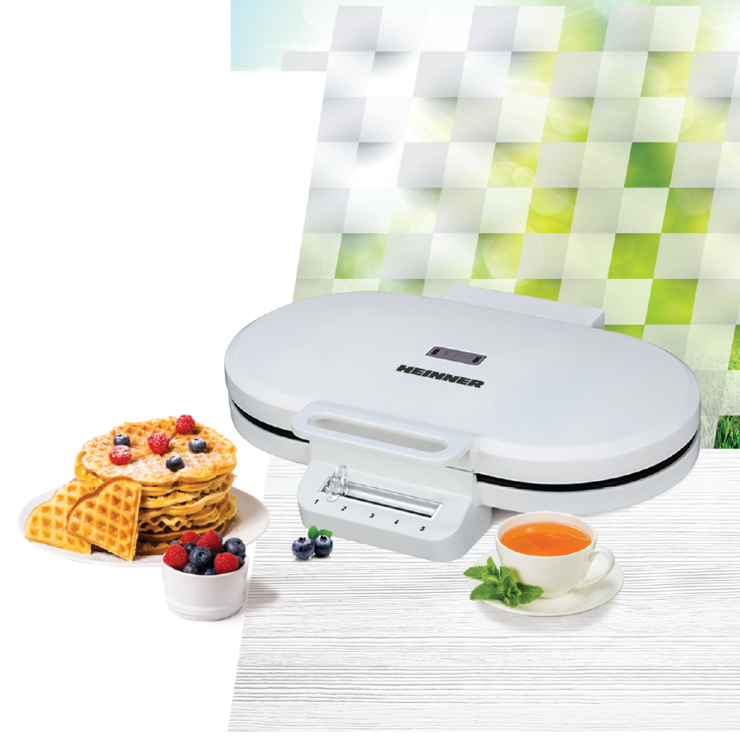 Aparat de gofre HEINNER HWF-F14002WH, 1400 W, 2 gofre/vafe, Placi cu invelis antiaderent, Diametru 15.5 cm Alb