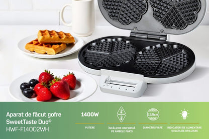 Aparat de gofre HEINNER HWF-F14002WH, 1400 W, 2 gofre/vafe, Placi cu invelis antiaderent, Diametru 15.5 cm Alb