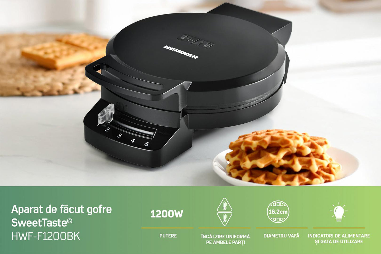 Aparat de gofre HEINNER HWF-F1200BK, 1200 W, 1 gofra/vafa, Placa fixa cu invelist antiaderent, Diametru 16.2 cm, Depozitare verticala Negru