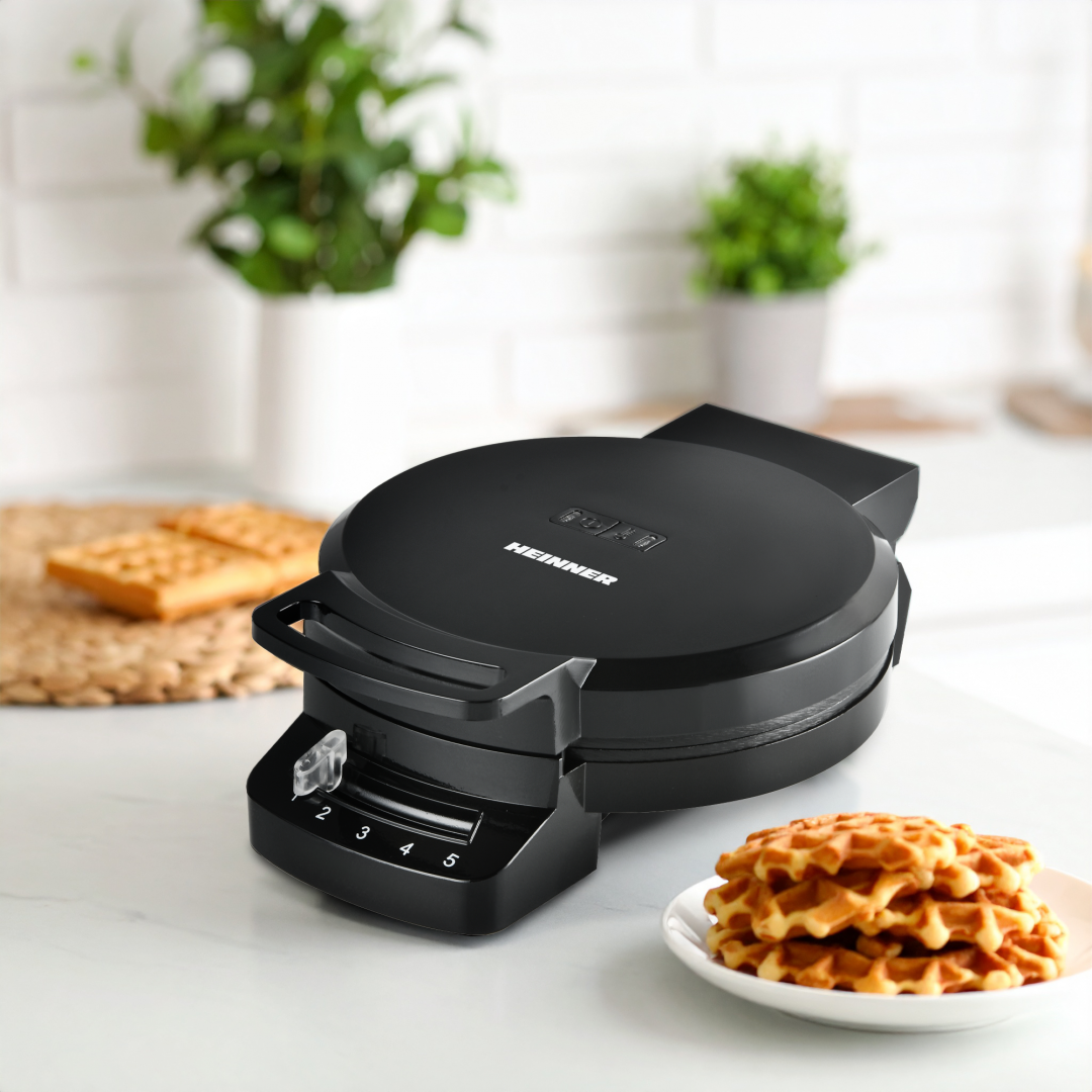 Aparat de gofre HEINNER HWF-F1200BK, 1200 W, 1 gofra/vafa, Placa fixa cu invelist antiaderent, Diametru 16.2 cm, Depozitare verticala Negru