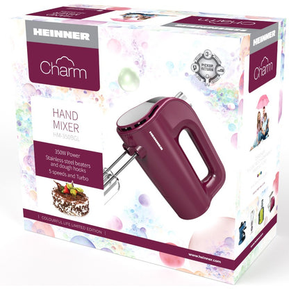 Mixer de mana Heinner Charm HM-350BGL, 350W, 5 Viteze, Decoratiuni Inox, Burgundy