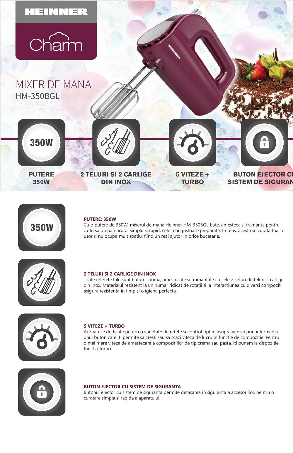 Mixer de mana Heinner Charm HM-350BGL, 350W, 5 Viteze, Decoratiuni Inox, Burgundy