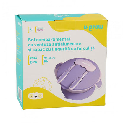 Bol Compartimentat Cu Ventuza Antialunecare Si Capac Cu Lingurita Si Furculita, U-Grow