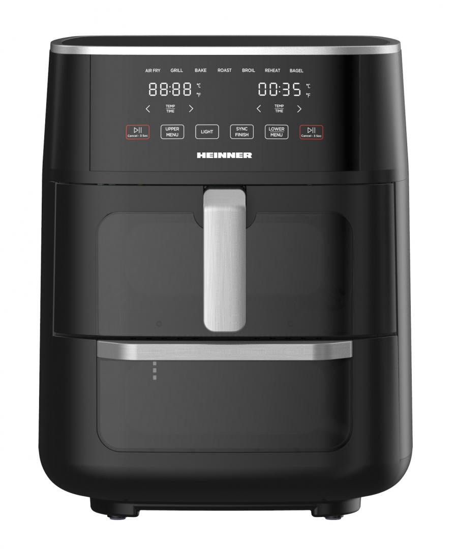 Friteuza dubla cu aer cald Heinner OvenFry Cook HAFO-M11BK1700, 1550-1850W, capacitate 11L, panou de comanda electronic, 10 programe presetate, timp maxim de preparare: 90 min, fereastra supraveghere si lumina interioara, Negru
