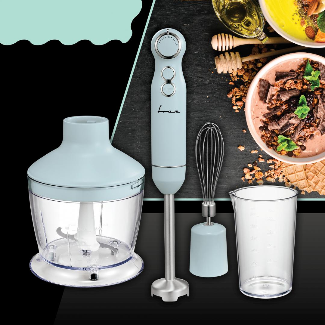 Mixer vertical Fram FHBL-RAC1200BL, 1200W, viteza variabila, functie Turbo, accesorii: tocator, tel, cana de mixat, picior blender din inox, motor DC, capacitate tocator: 500 ml, capacitate cana de mixare: 600 ml, buton ON/OFF