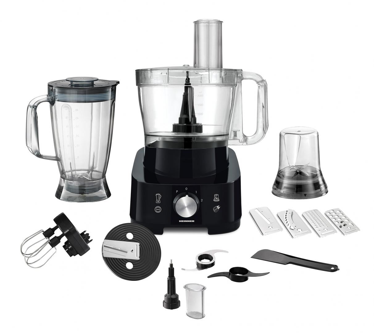 Robot de bucatarie Heinner Cookery Chef HFP-1000BK, 1000W, blender si rasnita incluse, capacitate bol 3.5L, capacitate blender 1.8L, 2 viteze + Pulse, cutit inox, negru