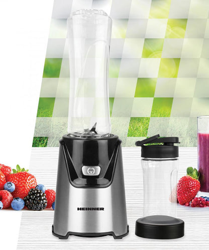 Blender sport Heinner WellGo Mix 400 HSB-T400SS, 400W, recipiente Tritan fara BPA 600/400ML, buton ON/OFF, 19000RPM, lame din inox, carcasa din inox, argintiu/negru