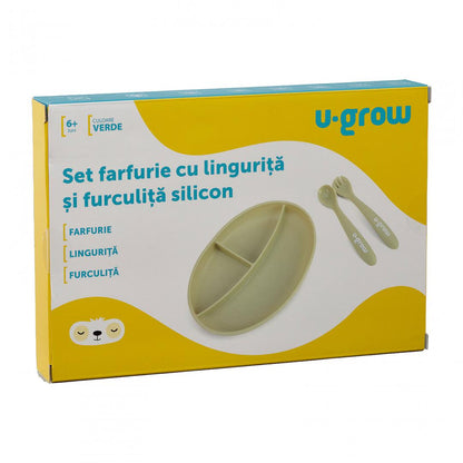 Set Farfurie Cu Lingurita Si Furculita Silicon, Olive,U-Grow