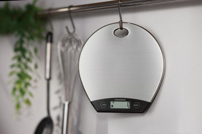 Cantar de bucatarie Heinner HKS-5RSS, 5kg, platforma inox, display lcd, control touch, gradare: 1g, functie Cantarire lichide, design pentru depozitare verticala, baterii: 1 x cr2032 (inclus)