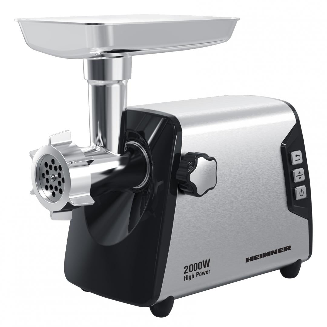 MASINA DE TOCAT HEINNER BLADE PRO HMG-Y2000SS, Putere 2000W, 3kg/min, Angrenaj metalic, Carcasa din aluminiu, Cutit inox, 3 site metalice, Functie reverse, Negru/Argintiu