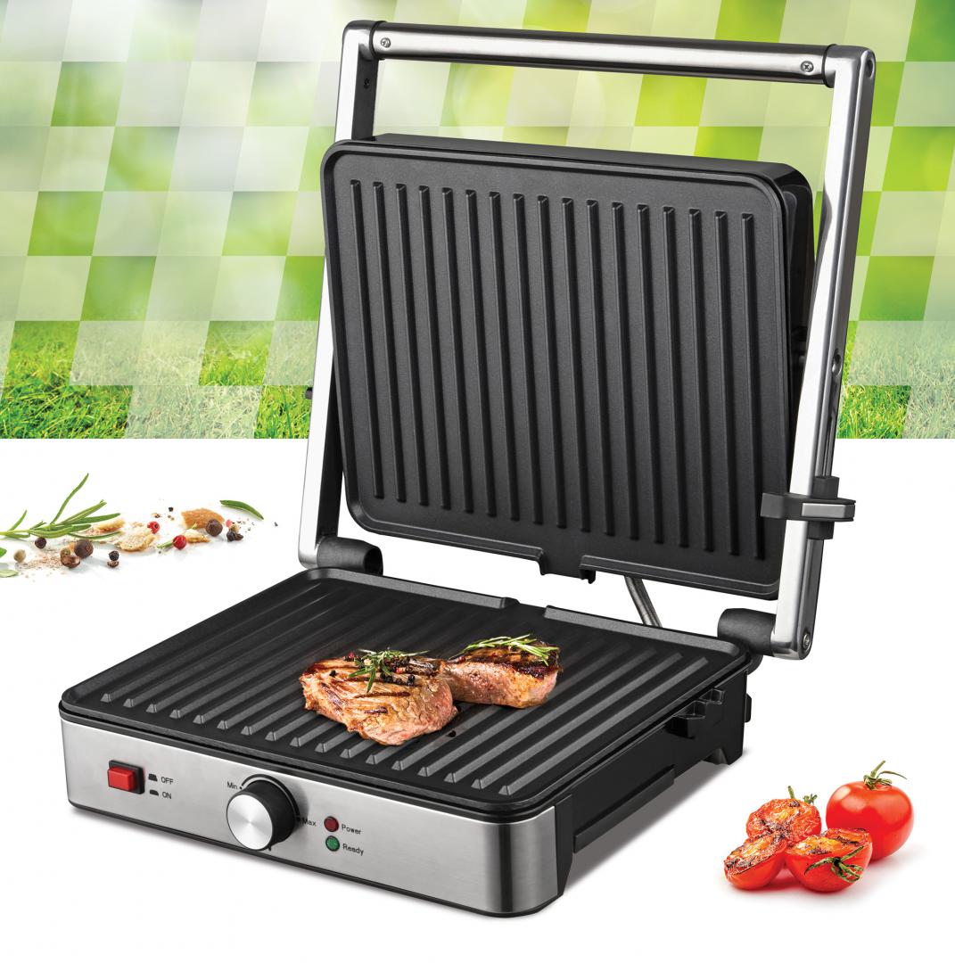 Grill electric Heinner SunsetGrill HEG-K2000SS, 2000W, placi fixe cu invelis antiaderent, dimensiuni placi: 30 X 24.9 cm, temperatura reglabila, maner rece, deschidere 180˚, indicatoare luminoase „ON” și „gata de folosire”, tava colectare ulei, inox