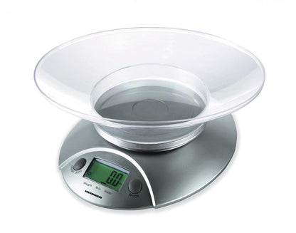 Cantar de bucatarie cu Bol Heinner HKS-5SL, 5 Kg, Tara, functie cantarire lichide, 1 g, display lcd, Argintiu